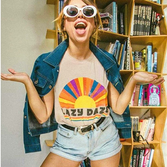 Boutique Tops - New Lazy Daze Rainbow Graphic T-Shirt Top